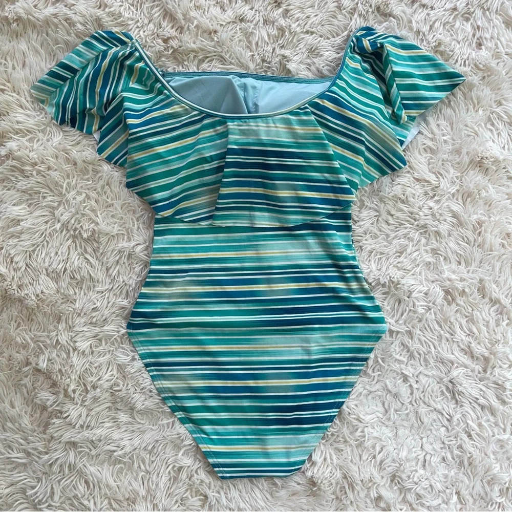 Vince Camuto Mediterranean Sea Stripe Ruffle Off-The-Shoulder One-Piece Azure 12 - Picture 8 of 8
